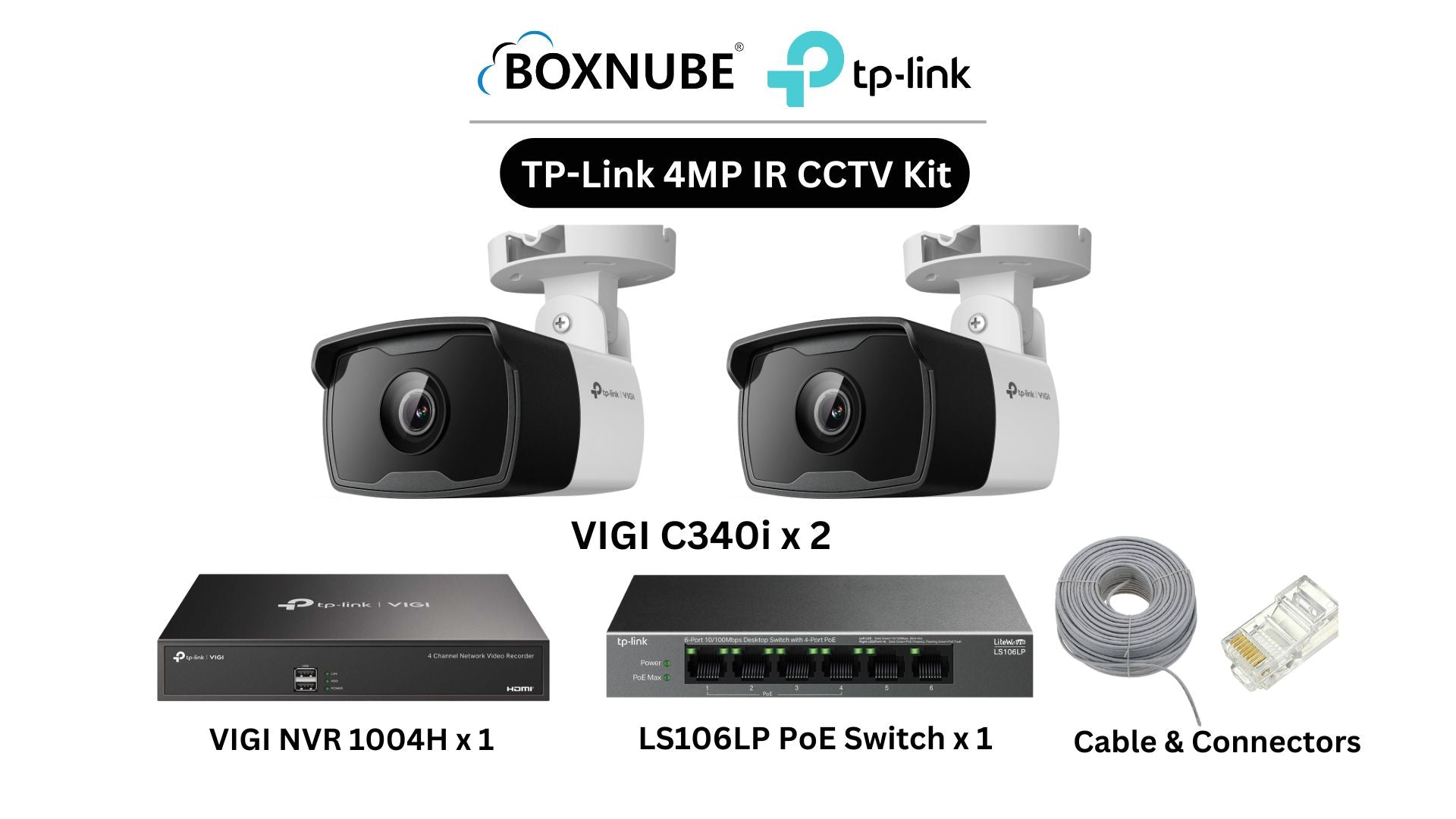 TP-Link VIGI 4MP IR Full HD 2 Camera Kit Bundle | 2 x VIGI C340i, 1 x 4 Channel NVR, 1 x 4+2 Port PoE Switch with 100M CAT6 Cable, RJ45 Connectors TP-Link VIGI 4MP IR Full HD 2 Camera Kit Bundle | 2 x VIGI C340i, 1 x 4 Channel NVR, 1 x 4+2 Port PoE Switch with 100M CAT6 Cable, RJ45 Connectors